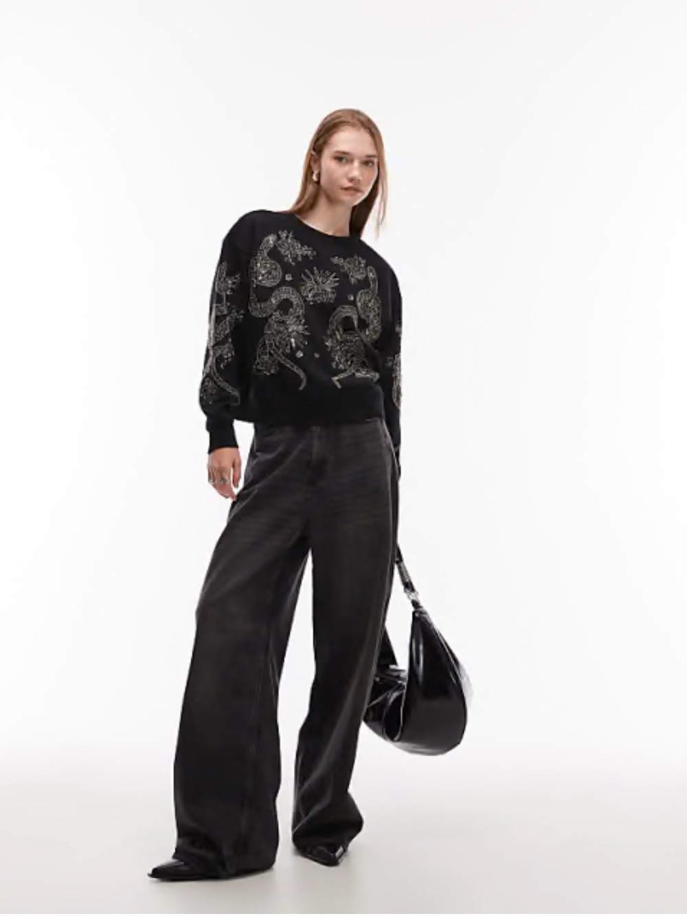 AllSaints Cecile Pippa embellished sweatshirt in black | Small - Picture 2 of 8